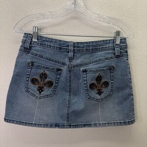 One Tuff Babe Womens Sz 9/10 Blue Denim Mini Skirt Embellished Y2K Western Micro